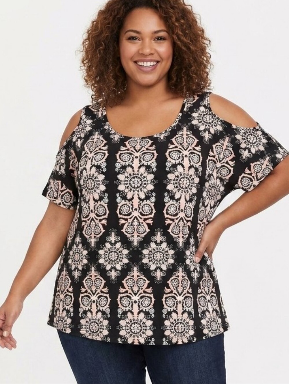 Lavish Plus Size Black Cold-Shoulder Top with Pink and Cream Pattern